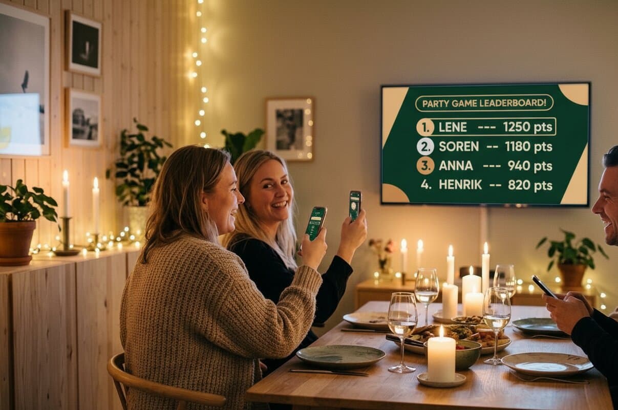 Venner til middag spiller selskabsleg — stillingen vises på TV'et, mens alle har mobilen i hånden.