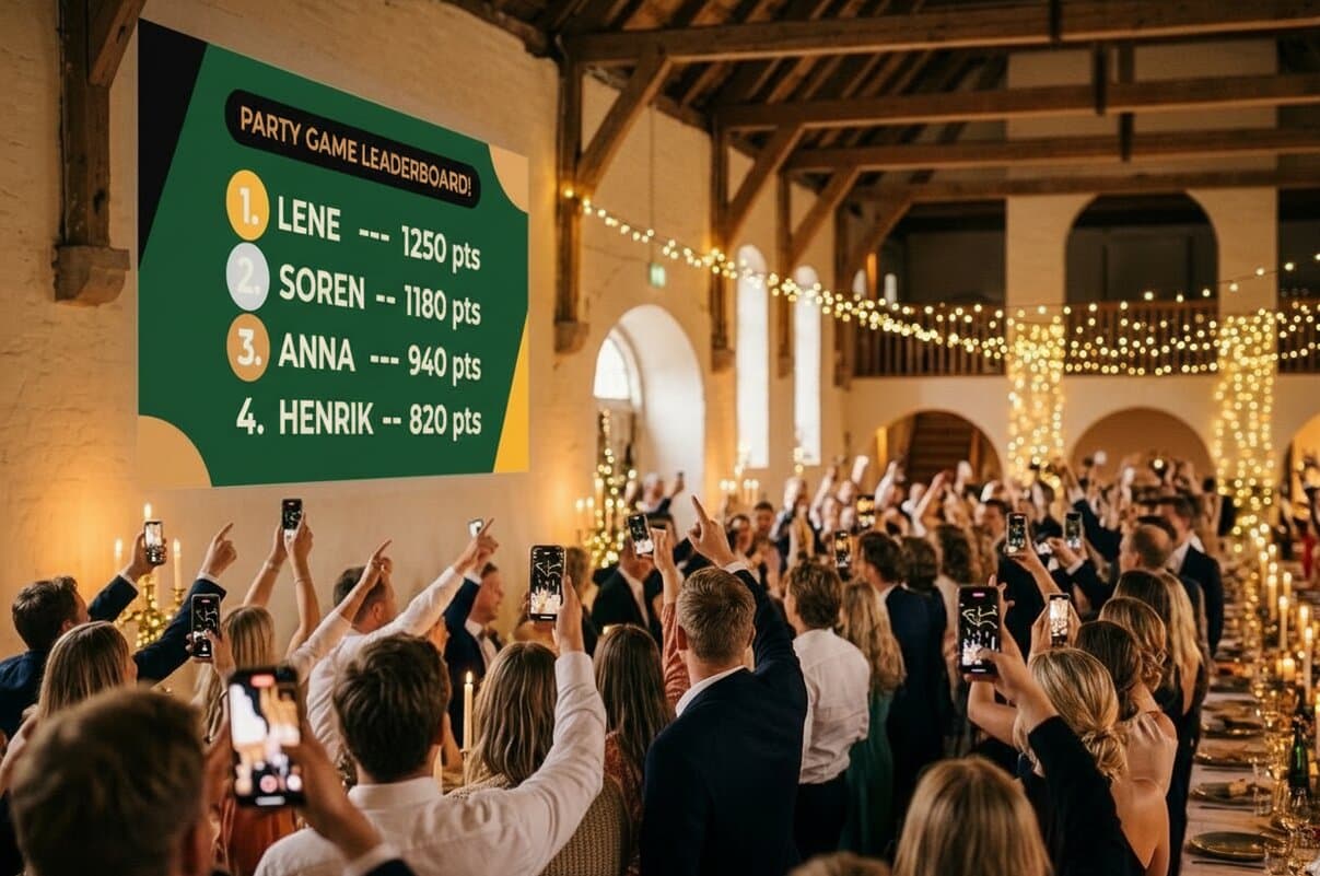Stor fest hvor spillets stilling er projiceret på væggen, mens gæsterne hepper med mobilen i vejret.