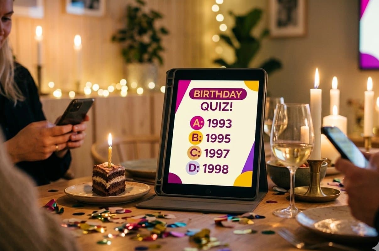 En iPad midt på bordet viser en fødselsdagsquiz, mens gæsterne svarer fra deres egen telefon.