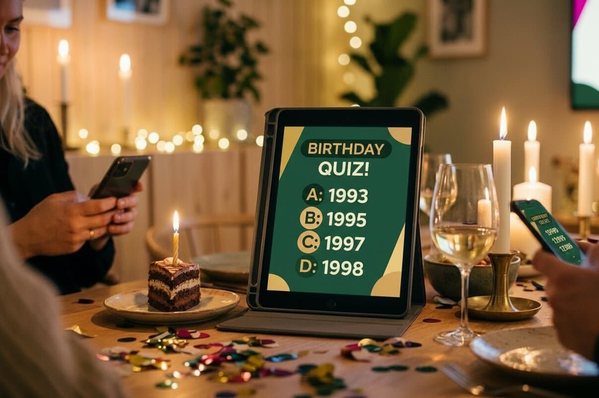En iPad midt på bordet viser en fødselsdagsquiz, mens gæsterne svarer fra deres egen telefon.