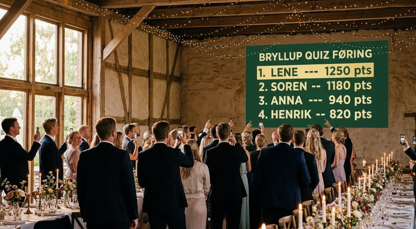Bryllupsgæster spiller en quiz — stillingen projiceret på væggen, mens alle hepper med mobilen i vejret.