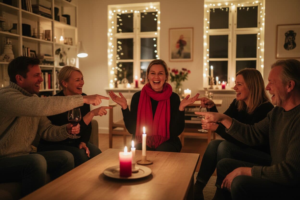 En flok venner peger anklagende på én, der løfter hænderne og spiller uskyldig