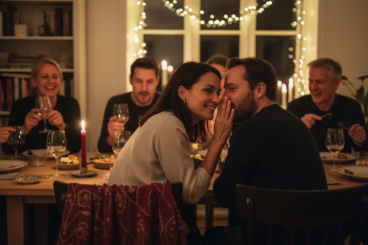 Gæster rundt om et festbord om aftenen — én hvisker lumsk i et andet øre, mens de andre griner