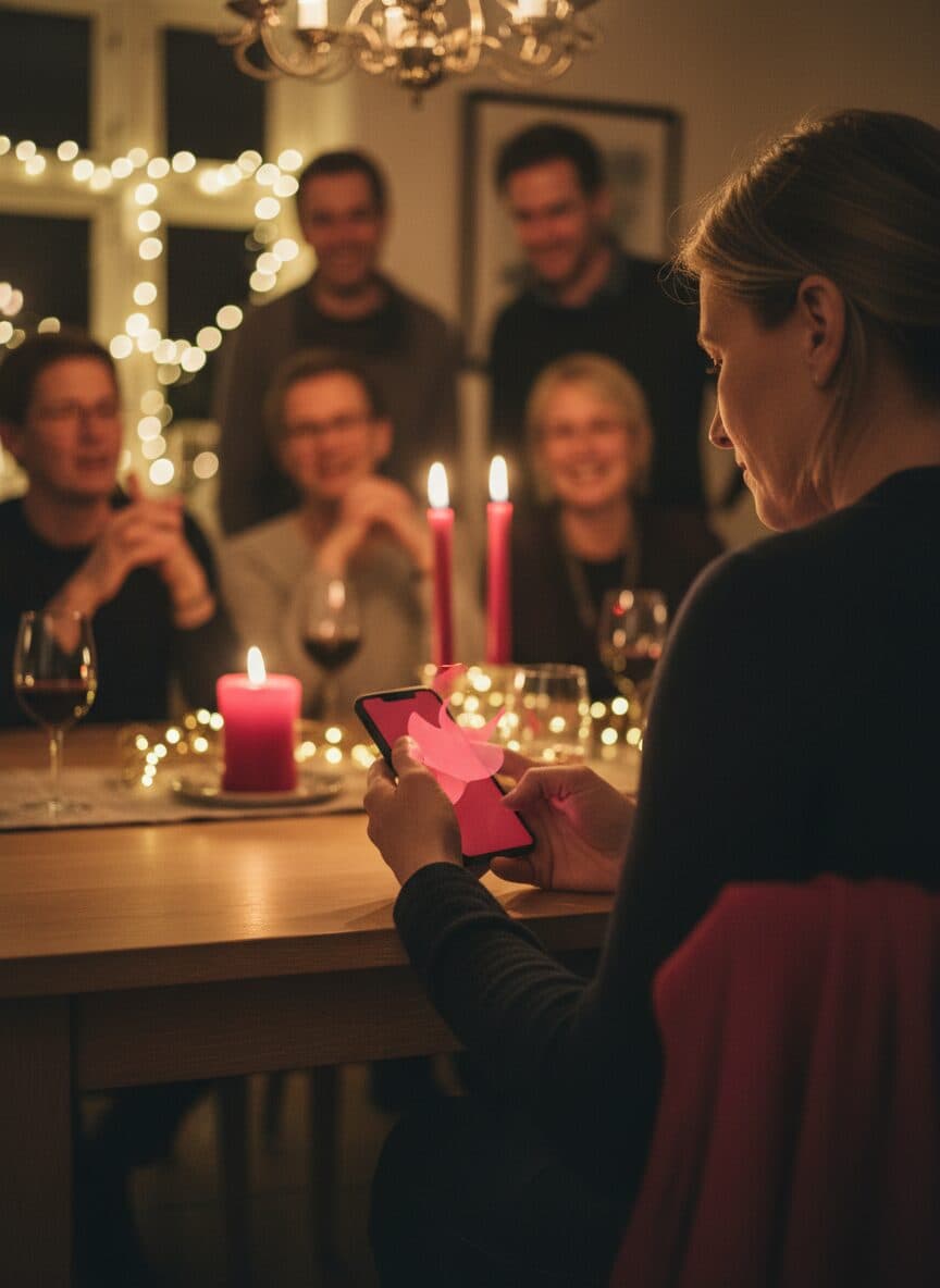 En gæst skjuler sin telefon med hånden, skærmen lyser mørkerødt