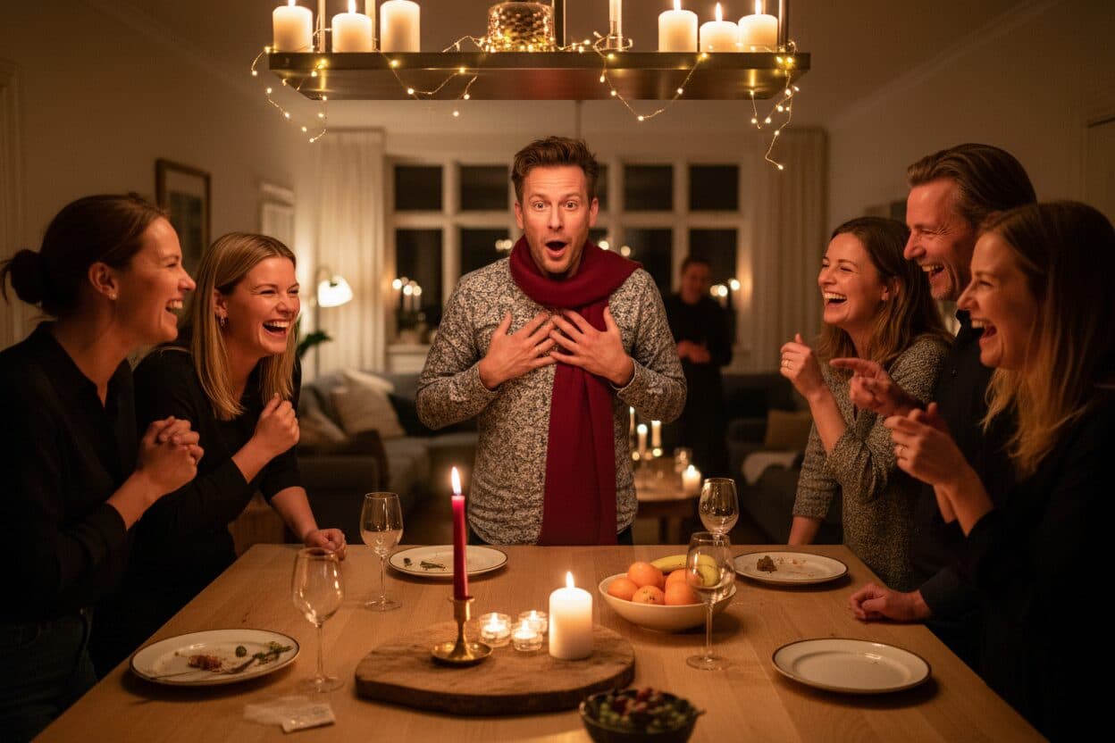 En gæst griber dramatisk om brystet, efter at være blevet taget på fersk gerning, mens vennerne griner