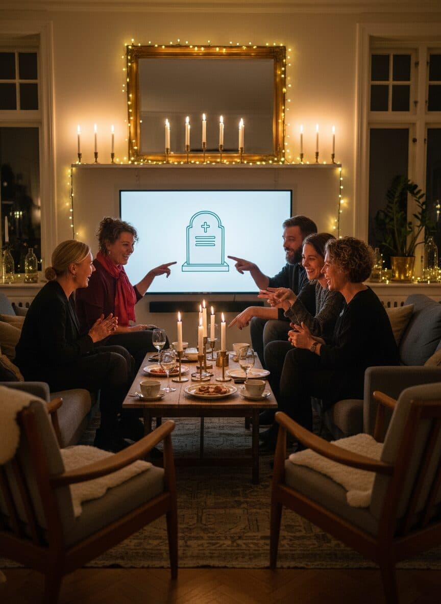 Et stort TV viser en grå gravsten, mens gæsterne peger og griner