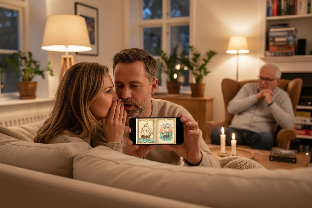 To holdkammerater hvisker og lægger plan bag mobilen, mens en rival skuler mistænksomt