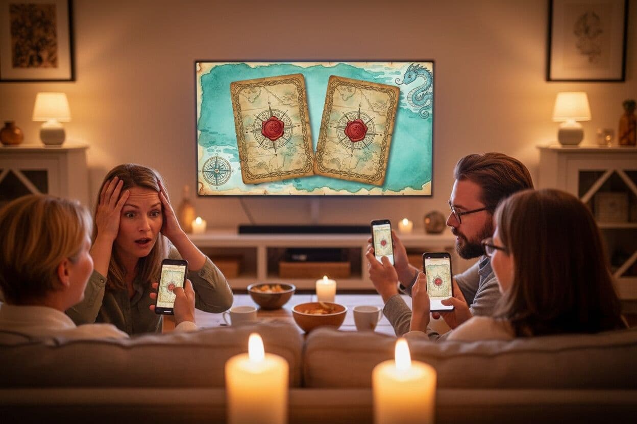 To kort med bagsiden opad på storskærmen, mens vennerne i sofaen holder vejret og gætter på mobilen