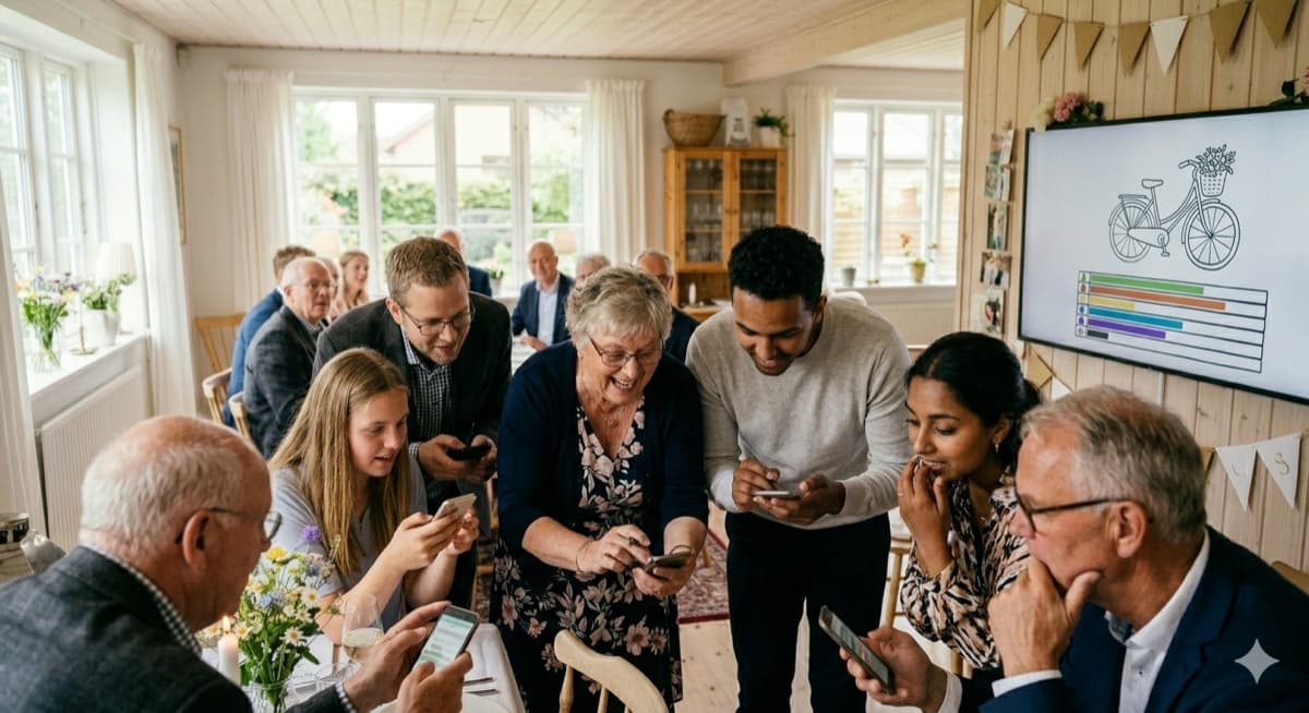Gæsterne gætter på deres mobil mens tegningen og stillingen vises på storskærmen