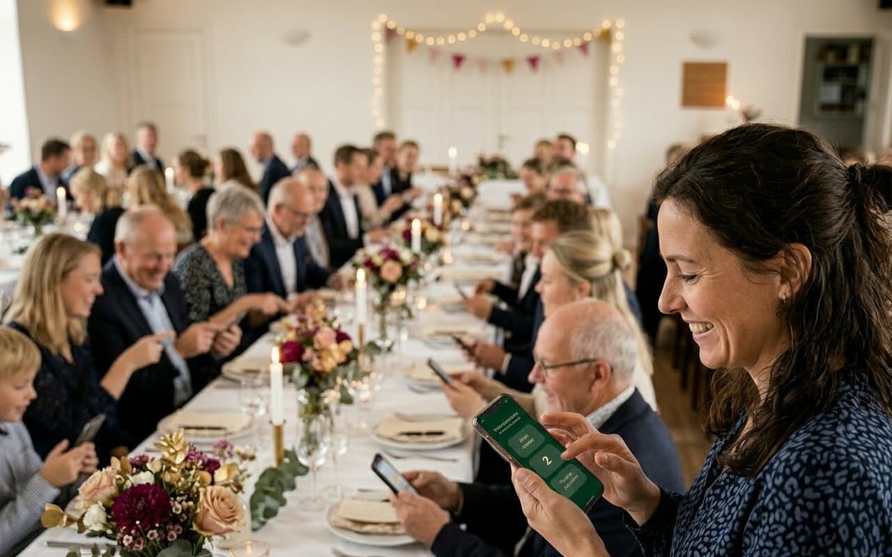Gæster til en konfirmation tipper på deres mobil ved de pyntede borde