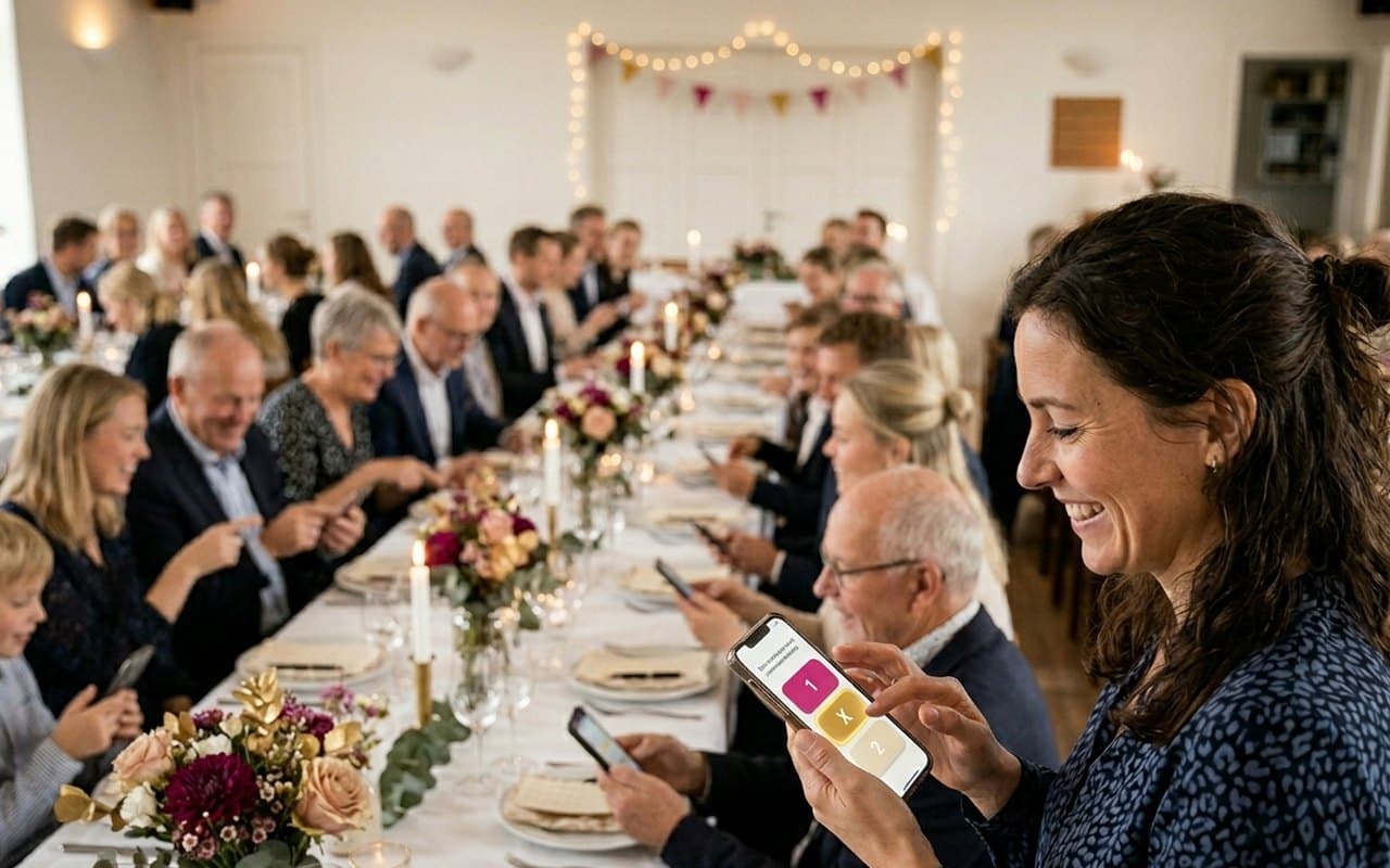 Gæster til en konfirmation tipper på deres mobil ved de pyntede borde