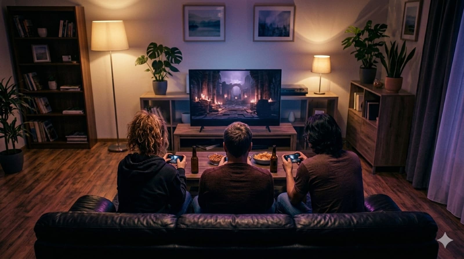 Venner i sofaen ser spillet på storskærmen til en spilleaften