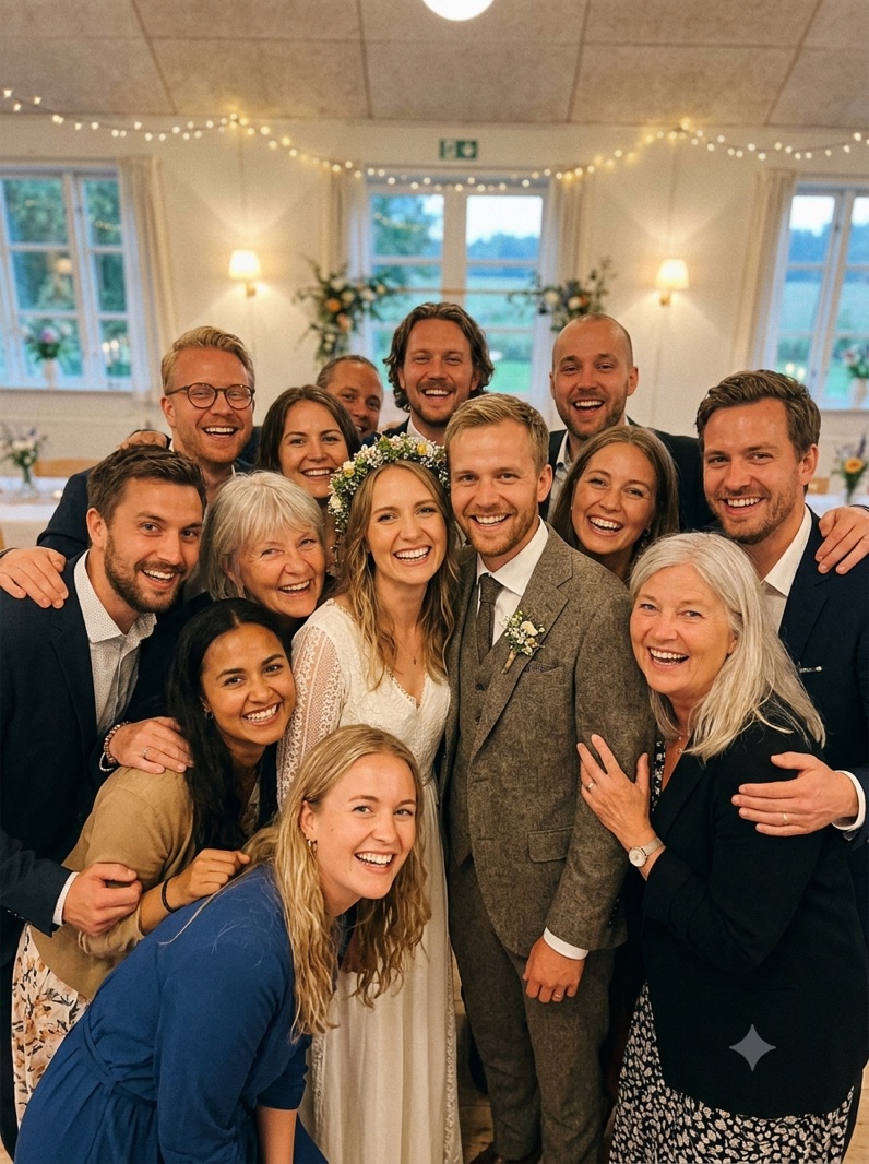 Da hele festen pressede sig sammen for ét billede — og alle kiggede næsten samme vej.